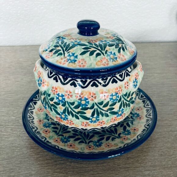 Boleslawiec Unikat Polish Pottery Ceramic Lidded Jar & Saucer Set - Picture 2 of 9